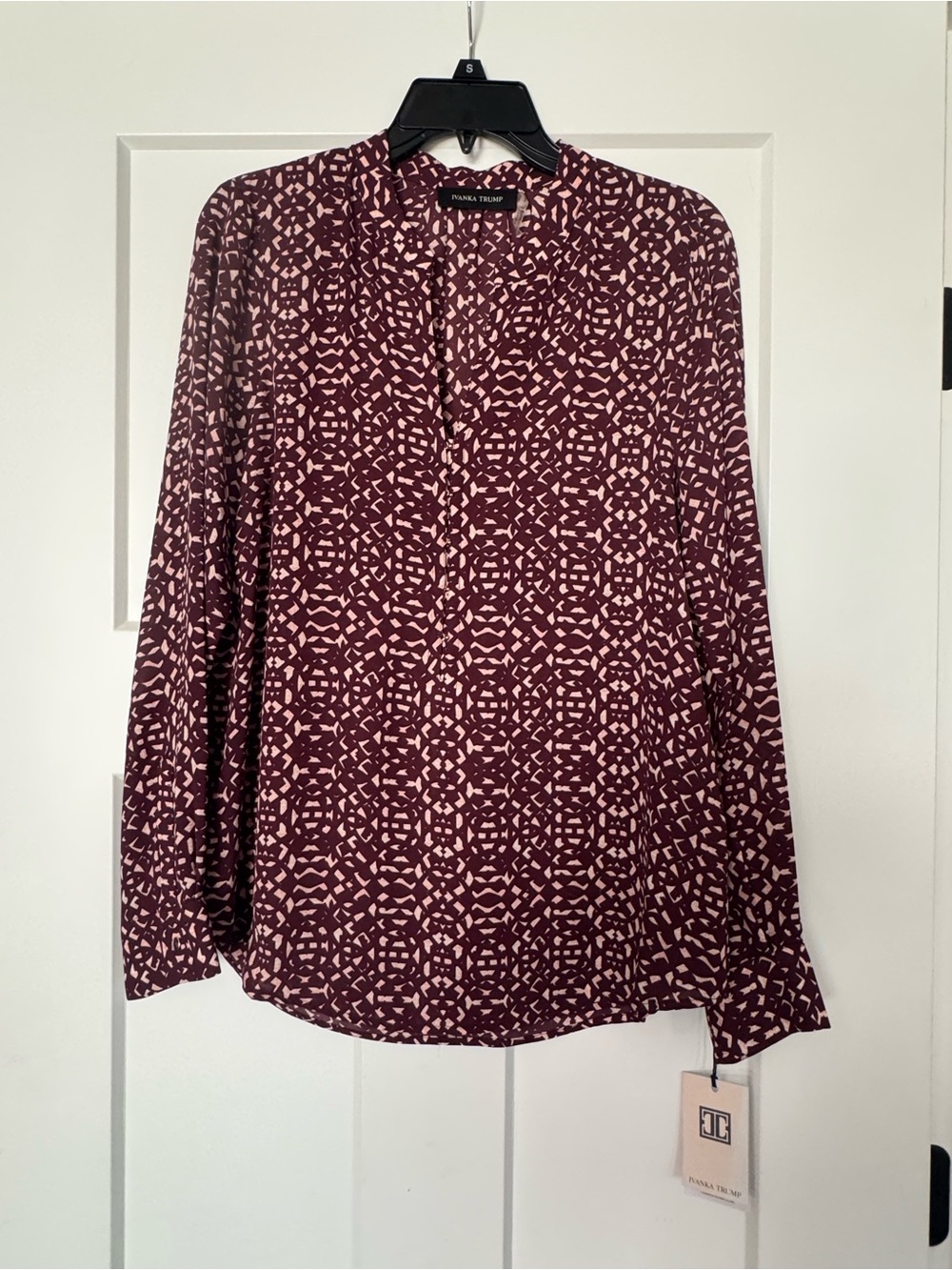 Ivanka Trump Burgundy and Cream Printed Long-Sleeve Blouse